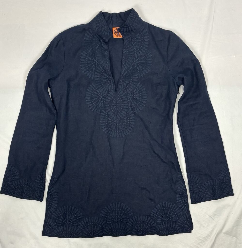 TORY BURCH Women’s Size 4 Navy Blue Linen Embroidered Tunic Boho Blouse L/S